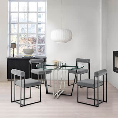 Devi Anastasia 5 Piece Round Glass Dining Table Set with Metal Frame and Upholstered Chairs