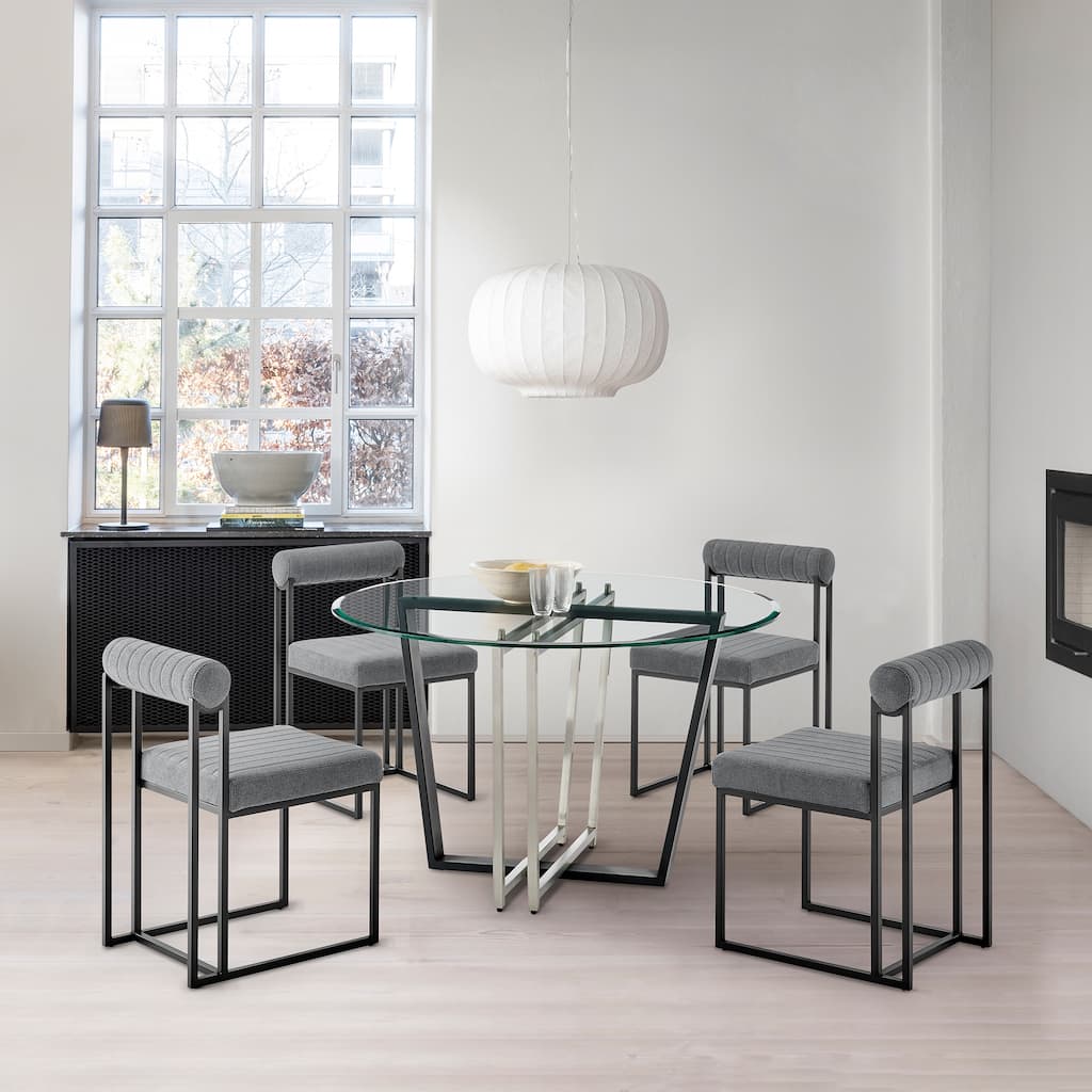 Devi Anastasia 5 Piece Round Glass Dining Table Set with Metal Frame and Upholstered Chairs