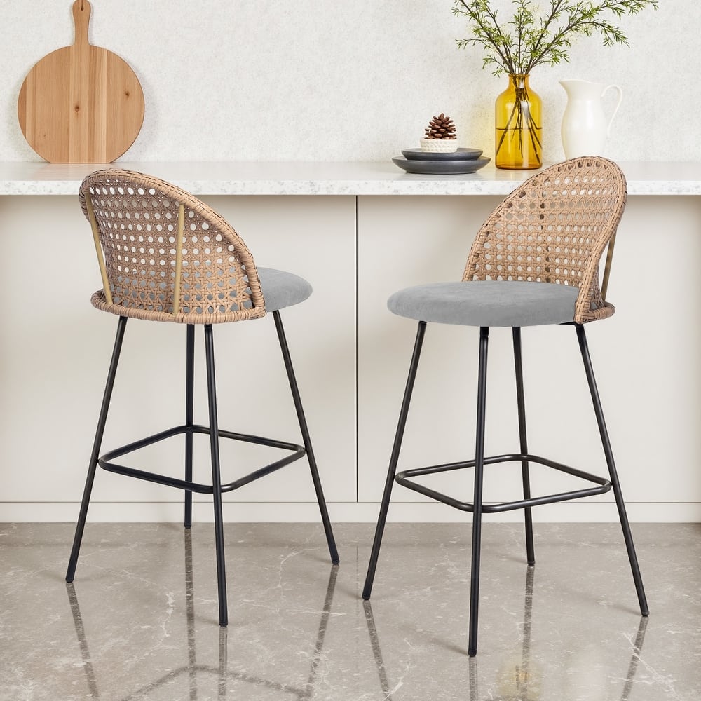 29" Upholstered Swivel Bar Stools with Rattan Back