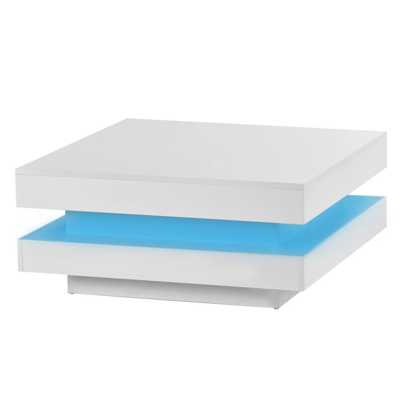 Modern LED Lighted Square Coffee Table, High Gloss Finish - 2-Tier Center Table for Living Room (31.5" x 31.5" x 14.2")