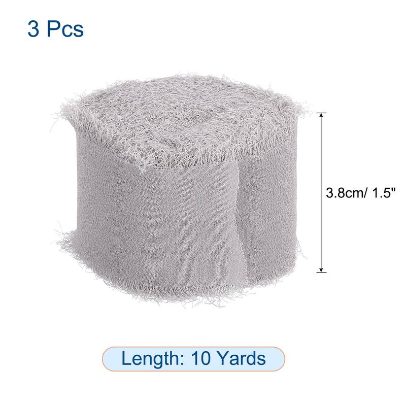 Chiffon Ribbon 1.5" x 10 Yard, Handmade Fringe Ribbon, Pack of 3 - Light Grey