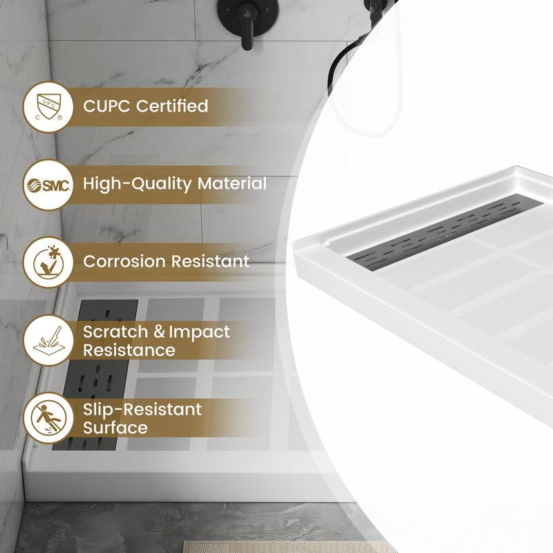SMC Alcove Single Threshold Shower Pan Base, S/S Drain Cover Included, cUPC Certified, Slip-Resistant