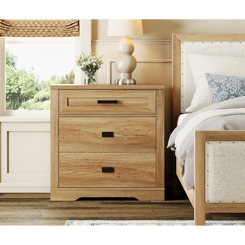 Large Nightstand for Bedroom,Farmhouse Bedside Table with Wide Drawers - Vintage Oak - 3-drawer
