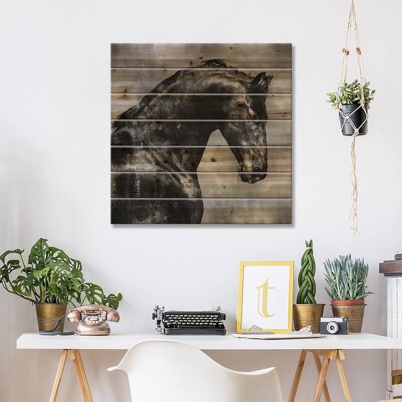 Black Stallion On Silver Print On Wood by Martin Rose - Multi-Color