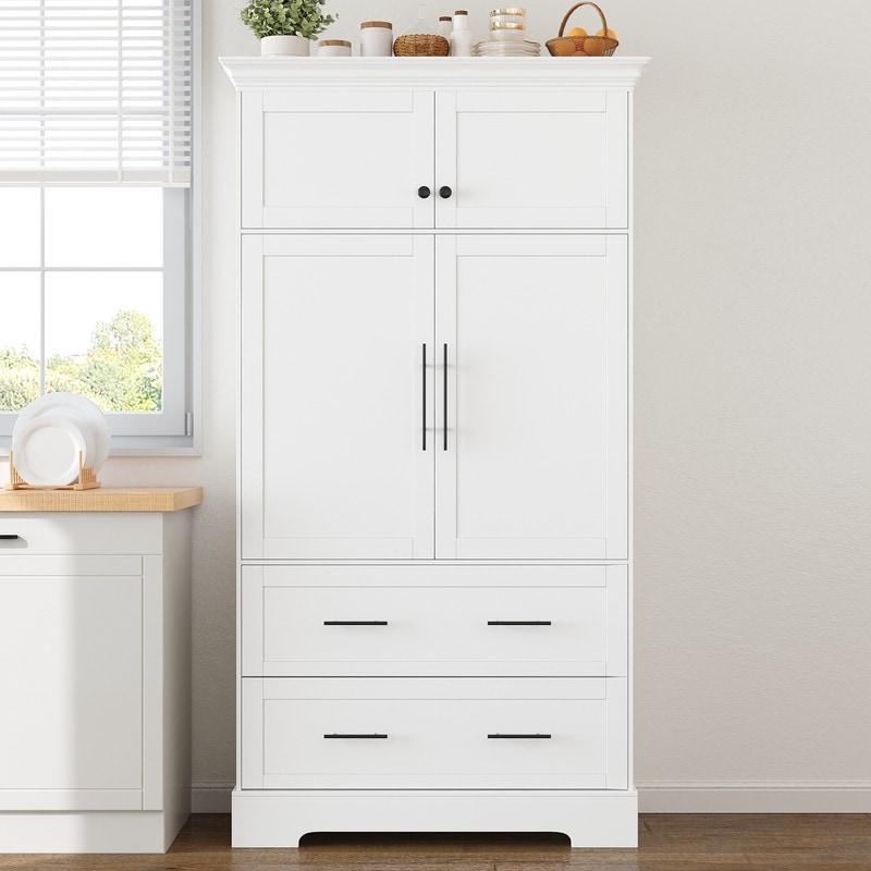 Farmhouse 72.6" Tall Kitchen Pantry with 4 Doors Storage Cabinet , 2 Drawers and Pull-out Trays for Cake Pan Storage Organizer