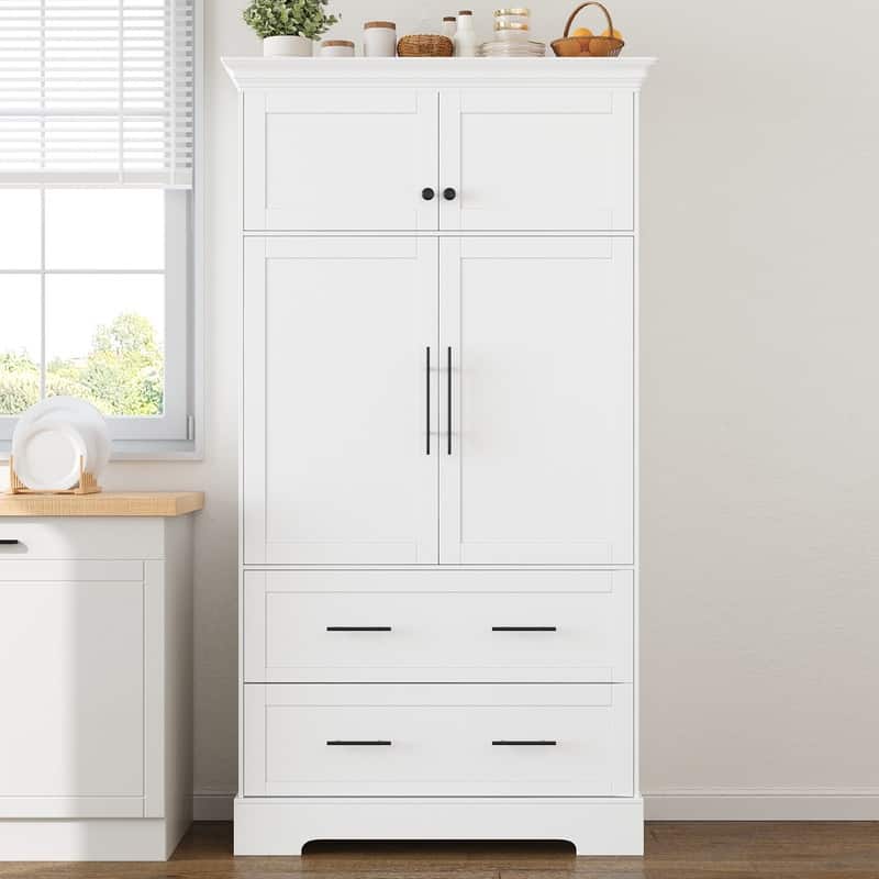 Farmhouse 72.6" Tall Kitchen Pantry with 4 Doors Storage Cabinet , 2 Drawers and Pull-out Trays for Cake Pan Storage Organizer