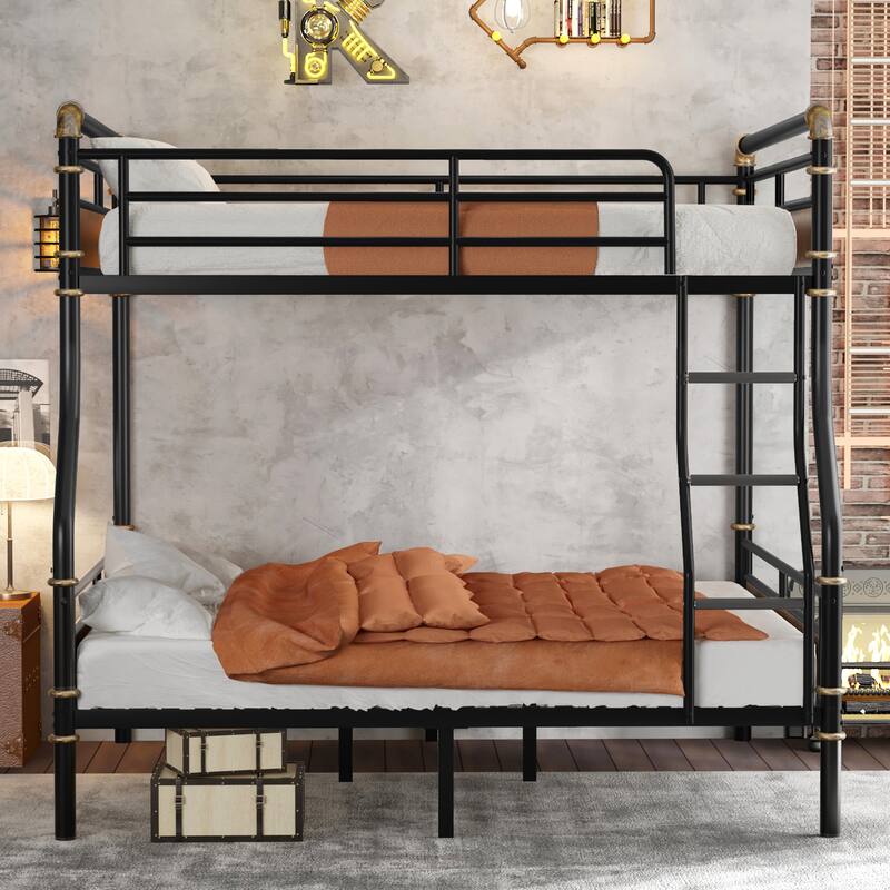 Full XL Over Queen Metal Bunk Bed with Ladder, Safety Guardrails & Rustic Wood Accents