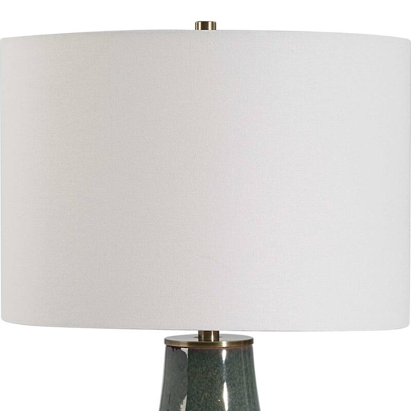 Table Lamp, White Linen Shade, Ribbed Ceramic Base, Blue Green 27 Inch
