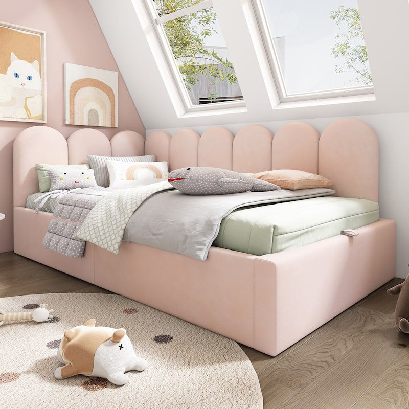 Roomfitters Upholstered Twin Size Ottoman Daybed with Storage, Sofa Bed with Metal Slat Frame, Velvet - Pink