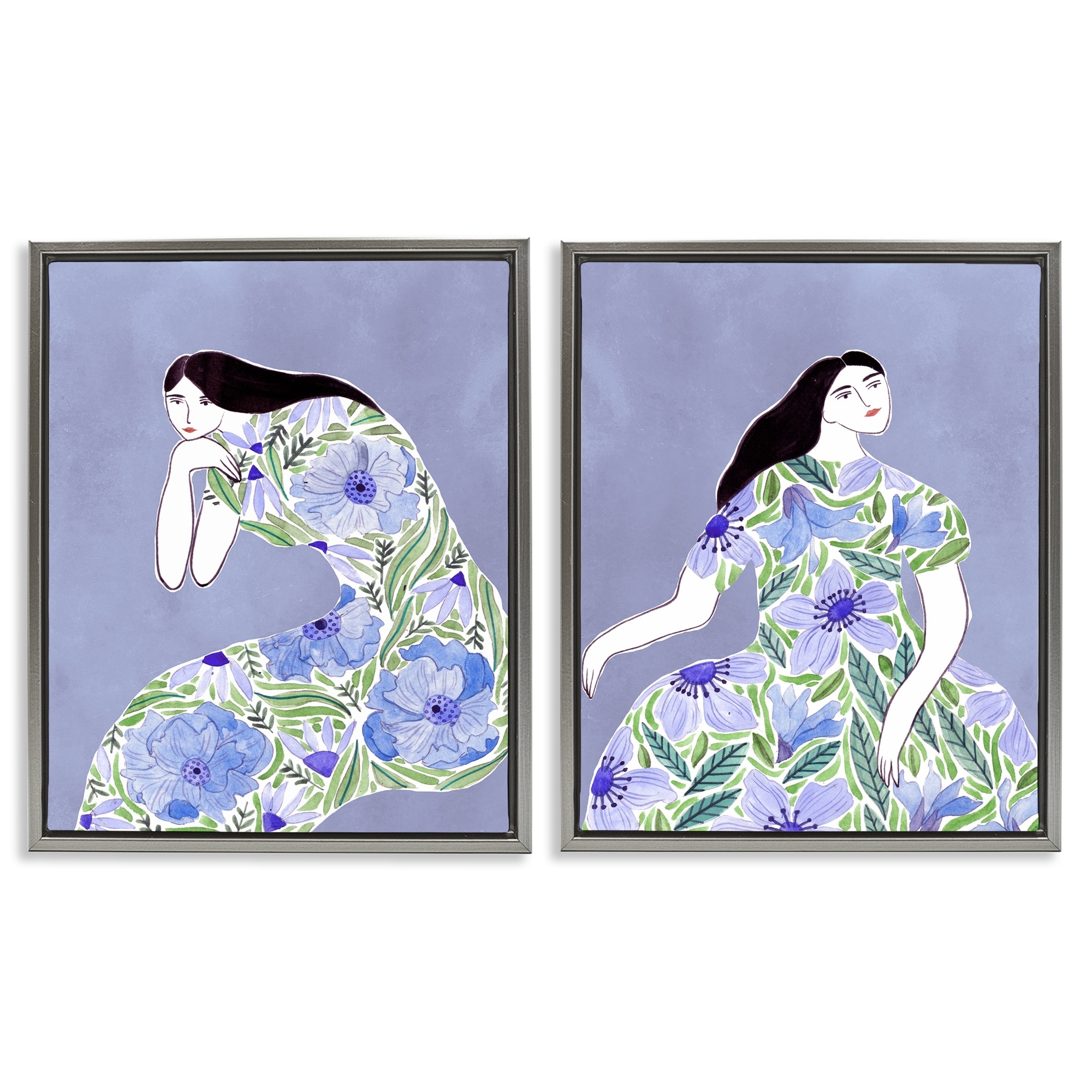 Stupell Floral Women on Purple Framed Floater Canvas Wall Art Design By Melissa Wang (Set of 2)