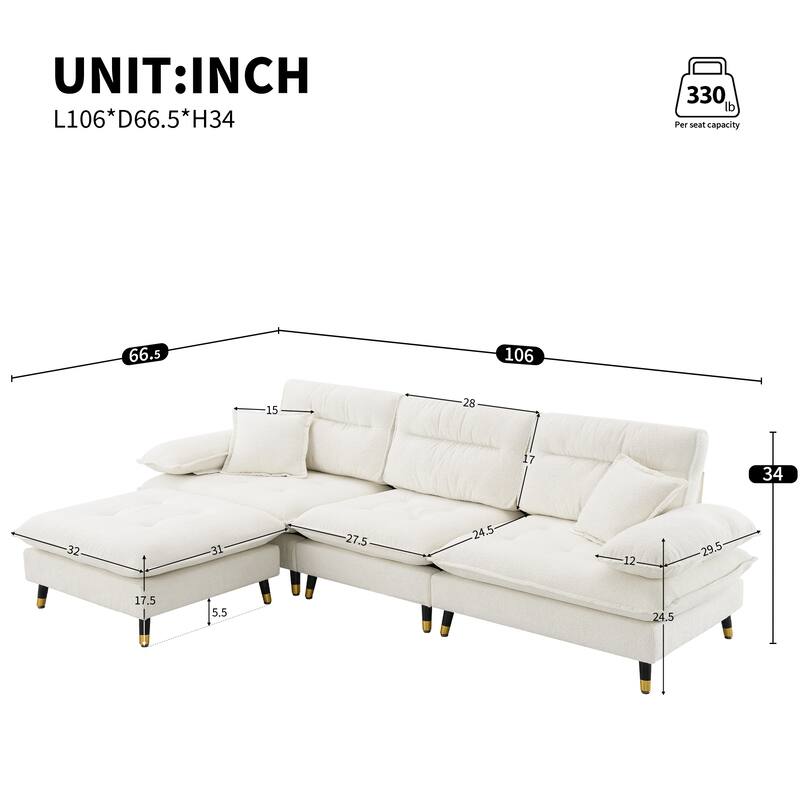106" L-Shaped Chenille Sectional Sofa, 4-Seater with Ottoman and Adjustable Legs