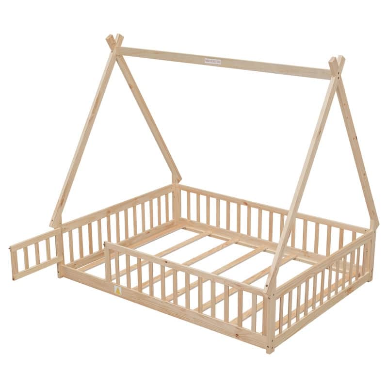 Tent-shaped Full Size Floor Bed with Guardrails, Slats, Door, for Kids