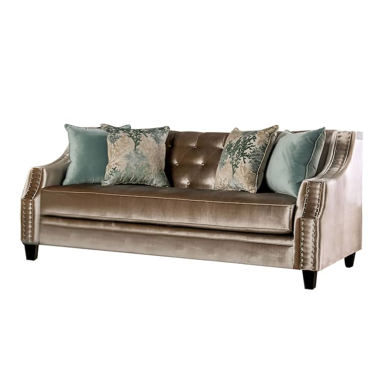 Chenille And Wooden Sofa with Bench Style Cushion Design in Champagne