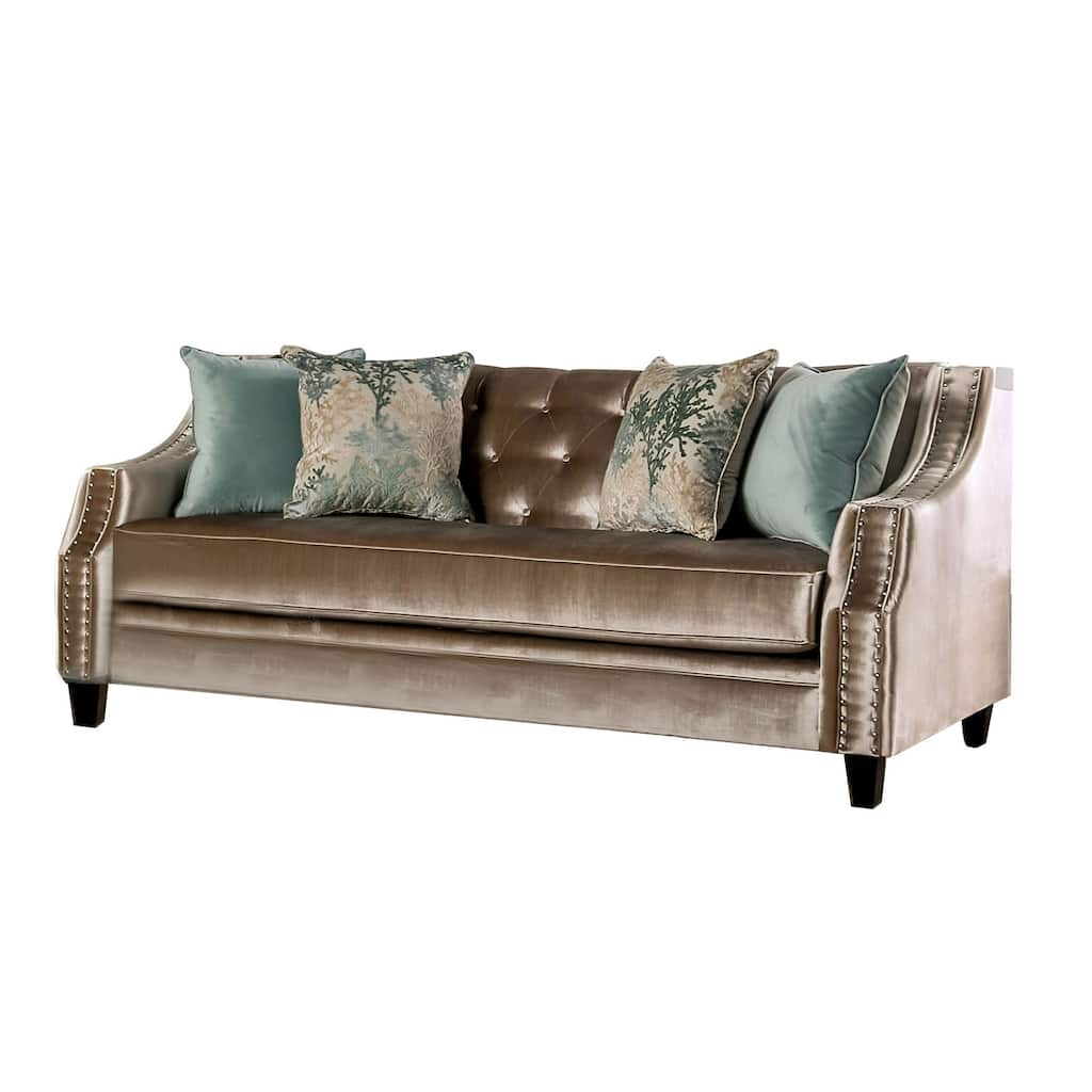 Chenille And Wooden Sofa with Bench Style Cushion Design in Champagne