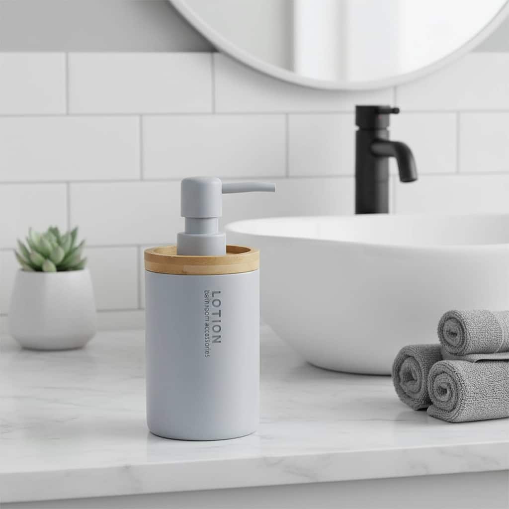 Elegant Soap Dispenser - Polyresin and Bamboo Design, Refillable Liquid Pump - 3 L x 3 W X 7 h