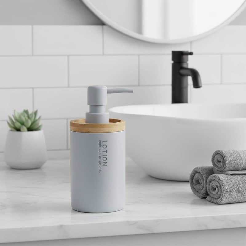 Elegant Soap Dispenser - Polyresin and Bamboo Design, Refillable Liquid Pump - 3 L x 3 W X 7 h