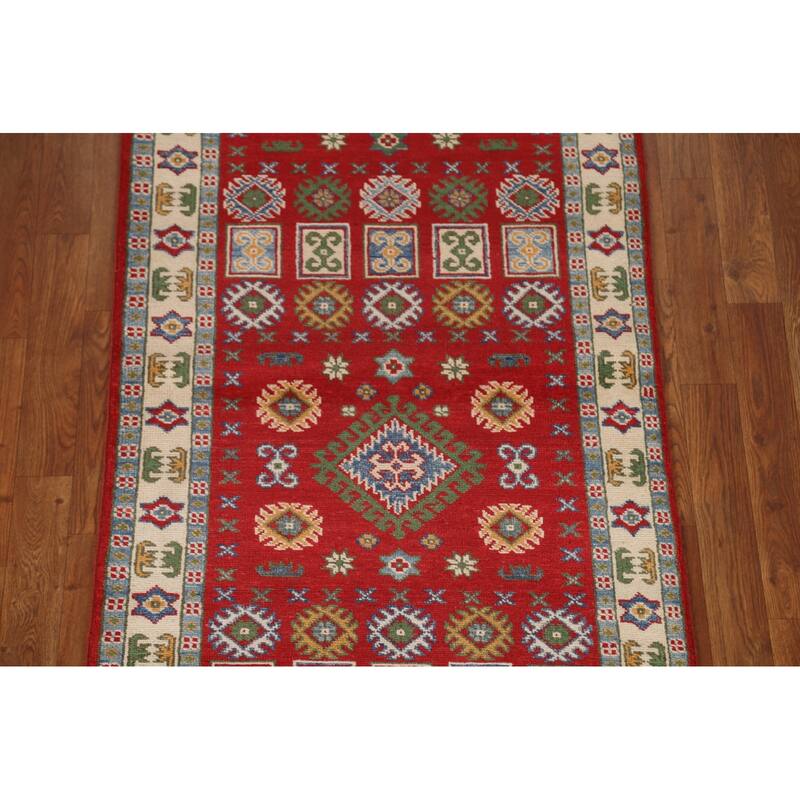Red Geometric Traditional Kazak Oriental Wool Runner Rug Hand-knotted - 2'9" x 9'4"