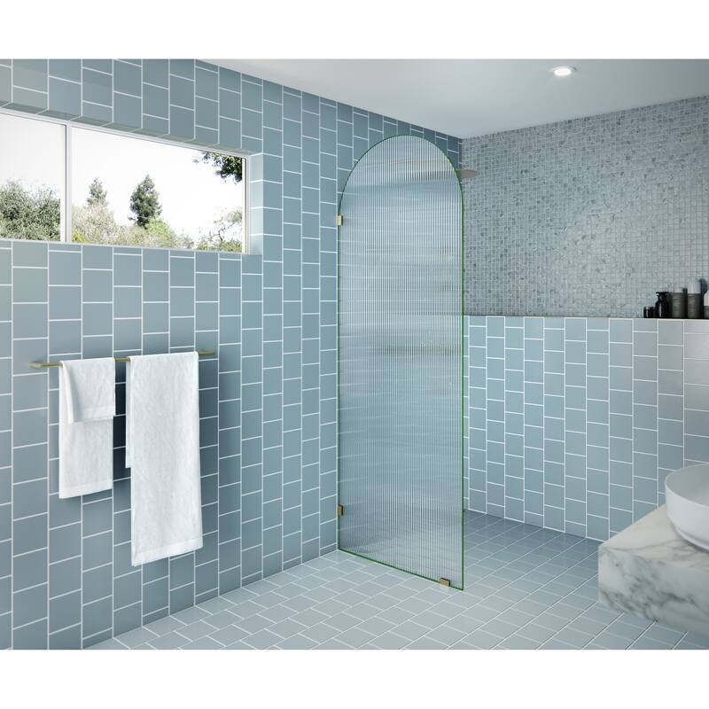 Maven 30 in. x 86.75 in. Fully Frameless Glass Shower Panel - Arched Fluted Single Fixed Panel - Satin Brass