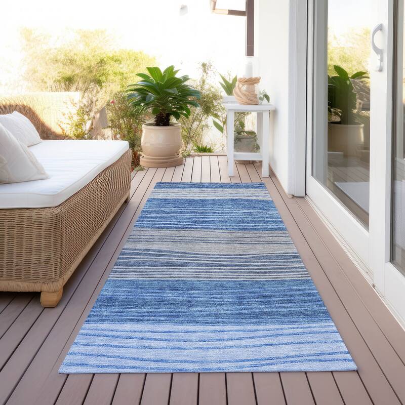 Machine Washable Indoor/ Outdoor Chantille Modern Stripes Rug - Blue - 2'3" x 7'6"