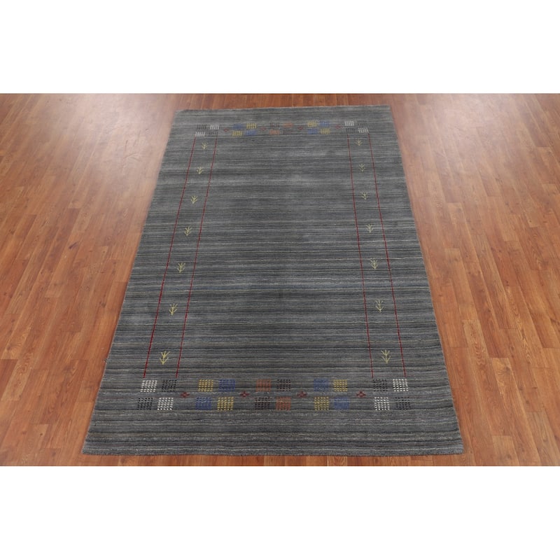 Striped Gray Gabbeh Oriental Area Rug Hand-Knotted Wool Carpet - 5'0"x 7'11"
