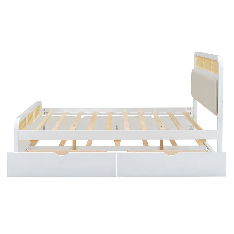 Queen size Wooden Platform Bed with Twin Trundle and 2 Storage Drawers, Classic Rattan Bed Frame with Upholstered Headboard