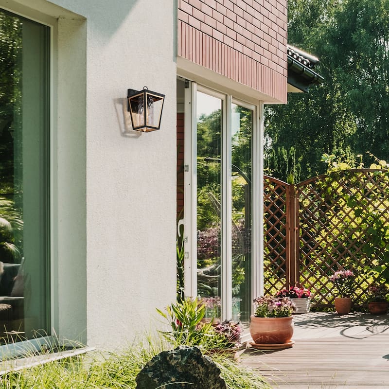 Modern Farmhouse 1-Light Black Gold Outdoor Wall Sconces Transitional Porch Lantern with Water Rippled Glass Shade