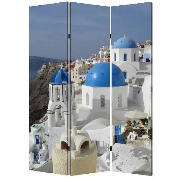 71 Inch Folding Screen Room Divider, Two Sided Grecian Skyline Design