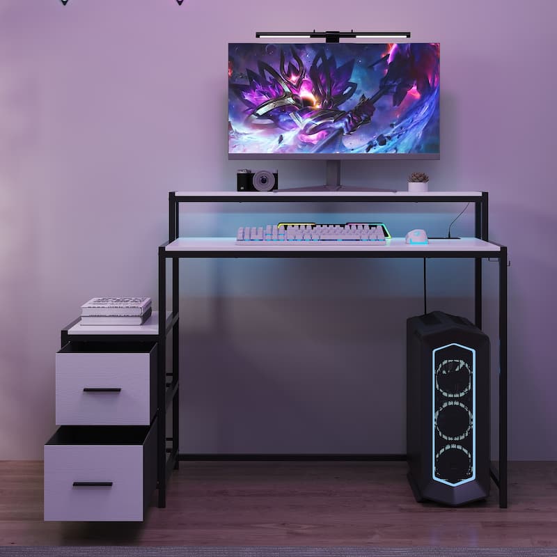 39.4" French Gaming Computer Desk with Power Outlet, 24 Colors & 2 Drawers