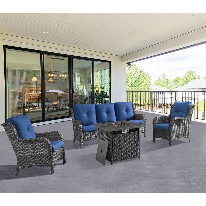 Gymojoy 4-Piece Outdoor Wicker Patio Furniture with Fire Pit Table, Rattan Coversation Set with Water Resistant Thick Cushions