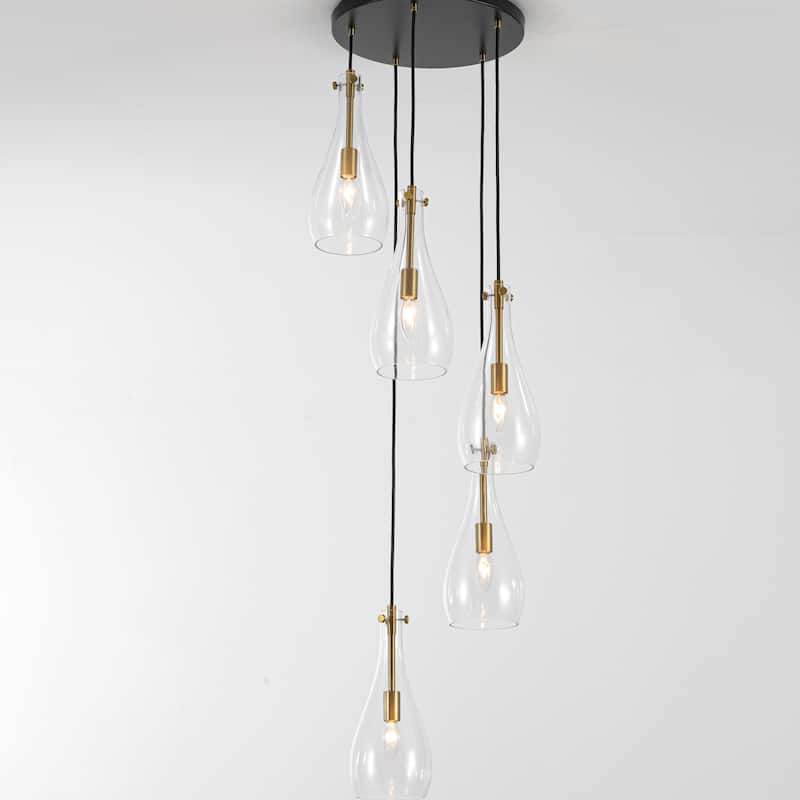 5-Light Modern Black Cluster Raindrop Clear Glass Chandelier for Kitchen Island, Staircase, Hallwya