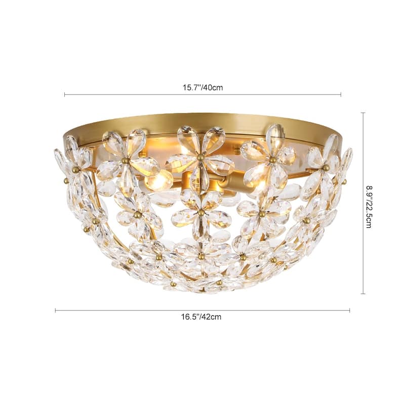 Luxury 3-Light Crystal Flower Cage Flush Mount Ceiling Light 16.5in
