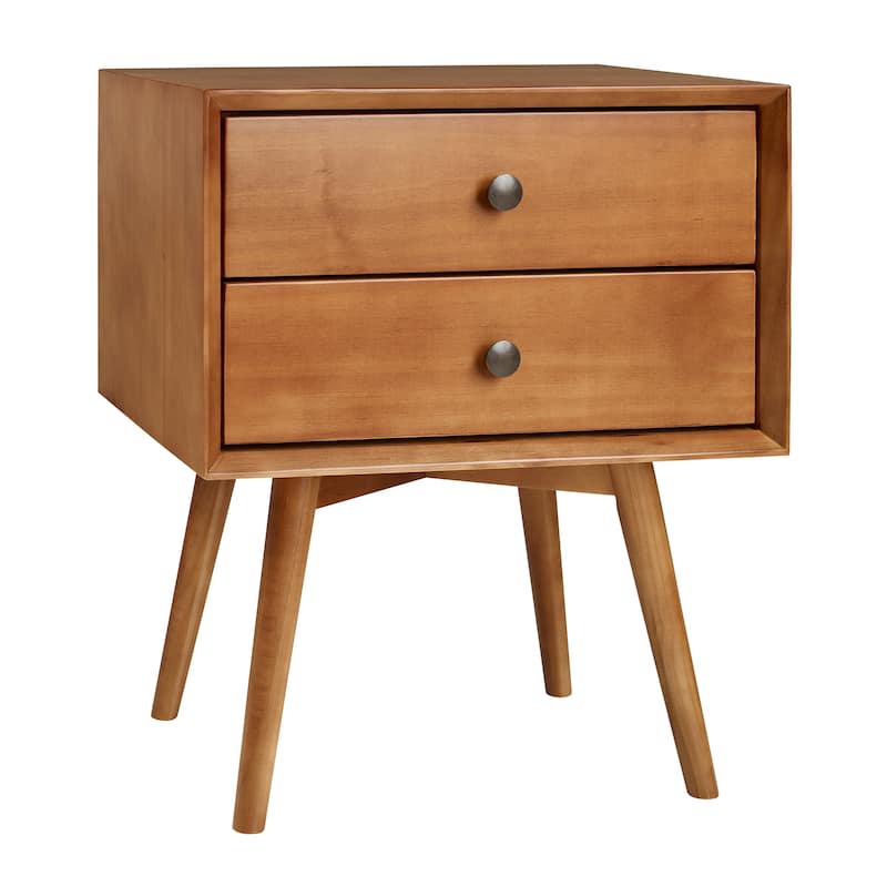 Mid-Century Modern Double-Drawer Solid Wood Nightstand with Antique Hardware - Caramel