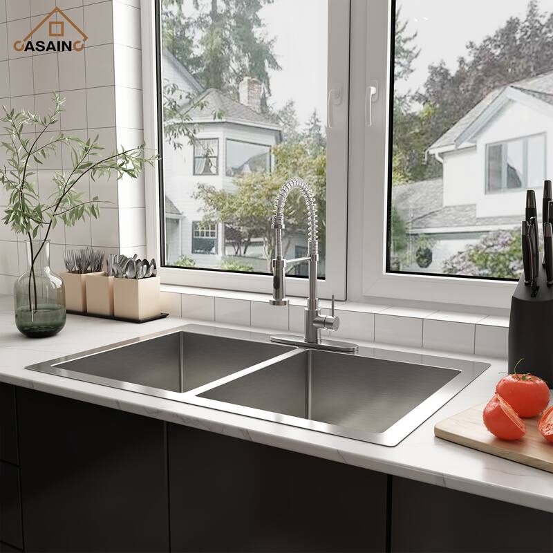 33 in. Drop-In Double Bowl 18 Gauge Brushed Stainless Steel Kitchen Sink with Bottom Grid and Basket Strainer