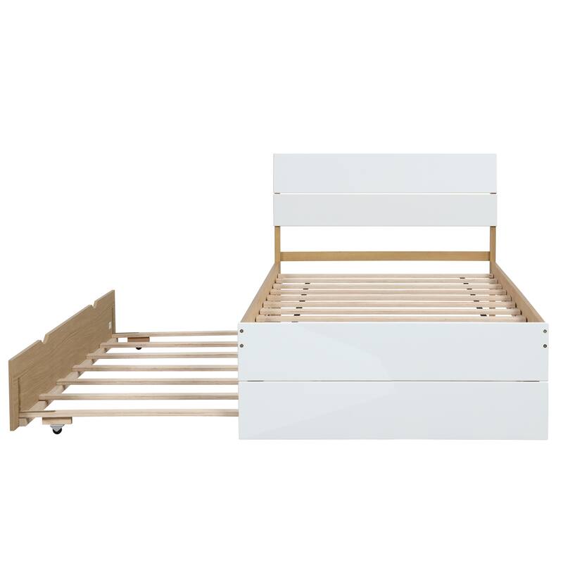 Modern Twin Platform Bed with Light Oak Trundle & High Gloss Headboard