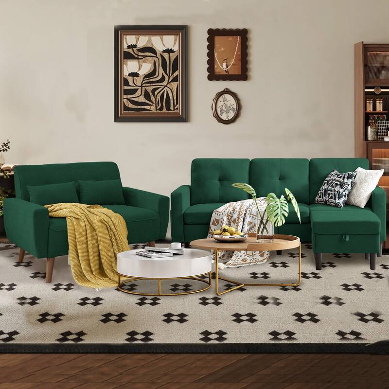 3 Pieces Living Room Set with Storage Ottoman - Green