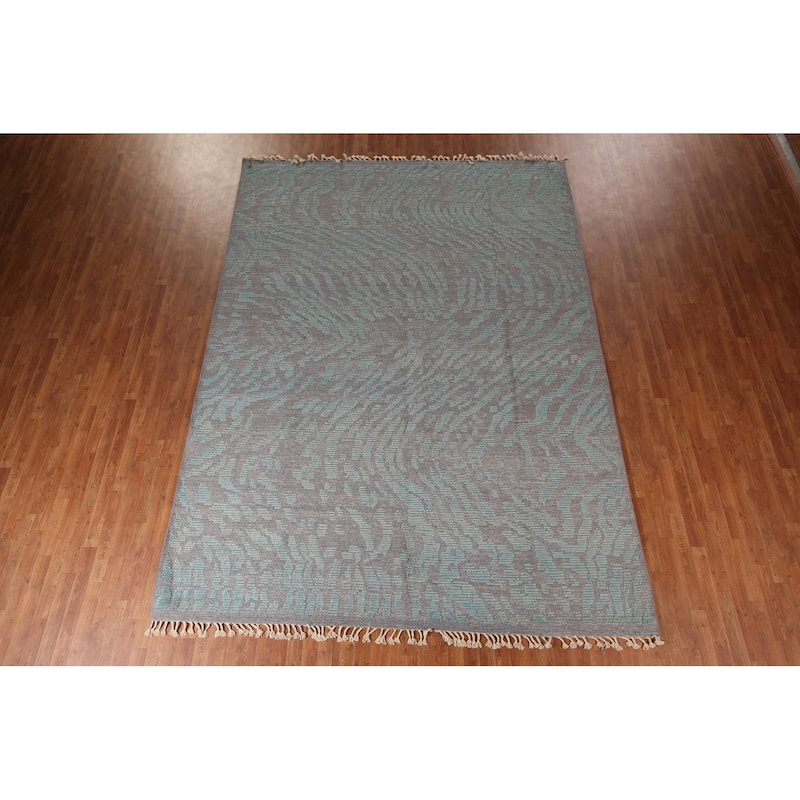 Grey Blue Moroccan Abstract Area Rug Hand-Knotted Wool Carpet - 9'0"x 12'7"