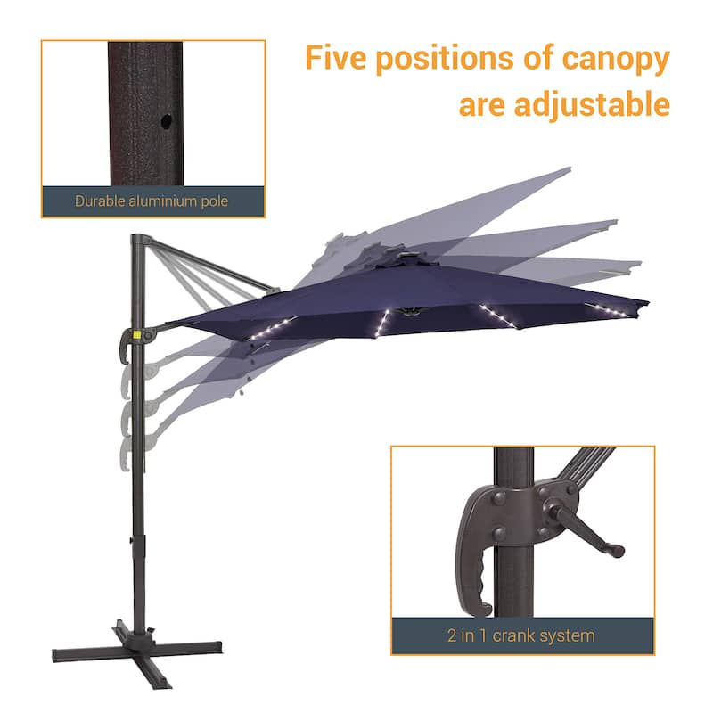 BONOSUKI 10Ft LED Patio Cantilever Offset Umbrella With Cross Base