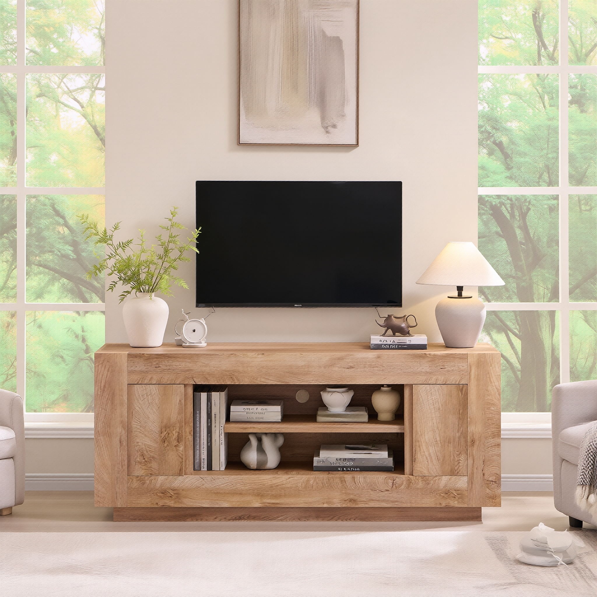 Modern TV Stand, Entertainment Center for TVs Up to 80", Thick Wood