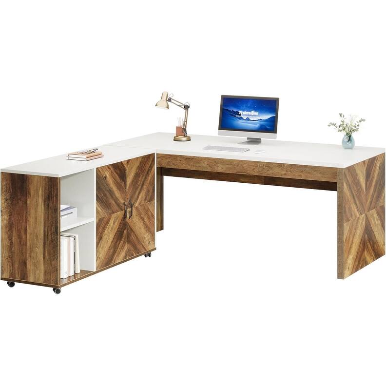 63-inch L-Shaped Desk, Modern Executive Office Desk with Mobile File Cabinet