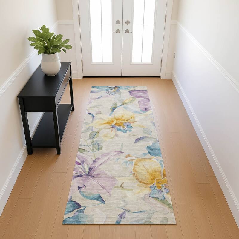 Machine Washable Indoor/ Outdoor Modern Floral Chantille Rug