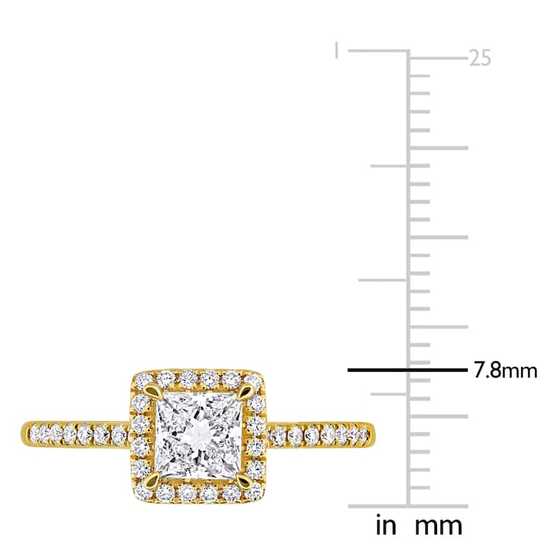1ct TW Princess Round-Cut Lab-Grown Diamond Halo Engagement Ring in 14k Yellow Gold