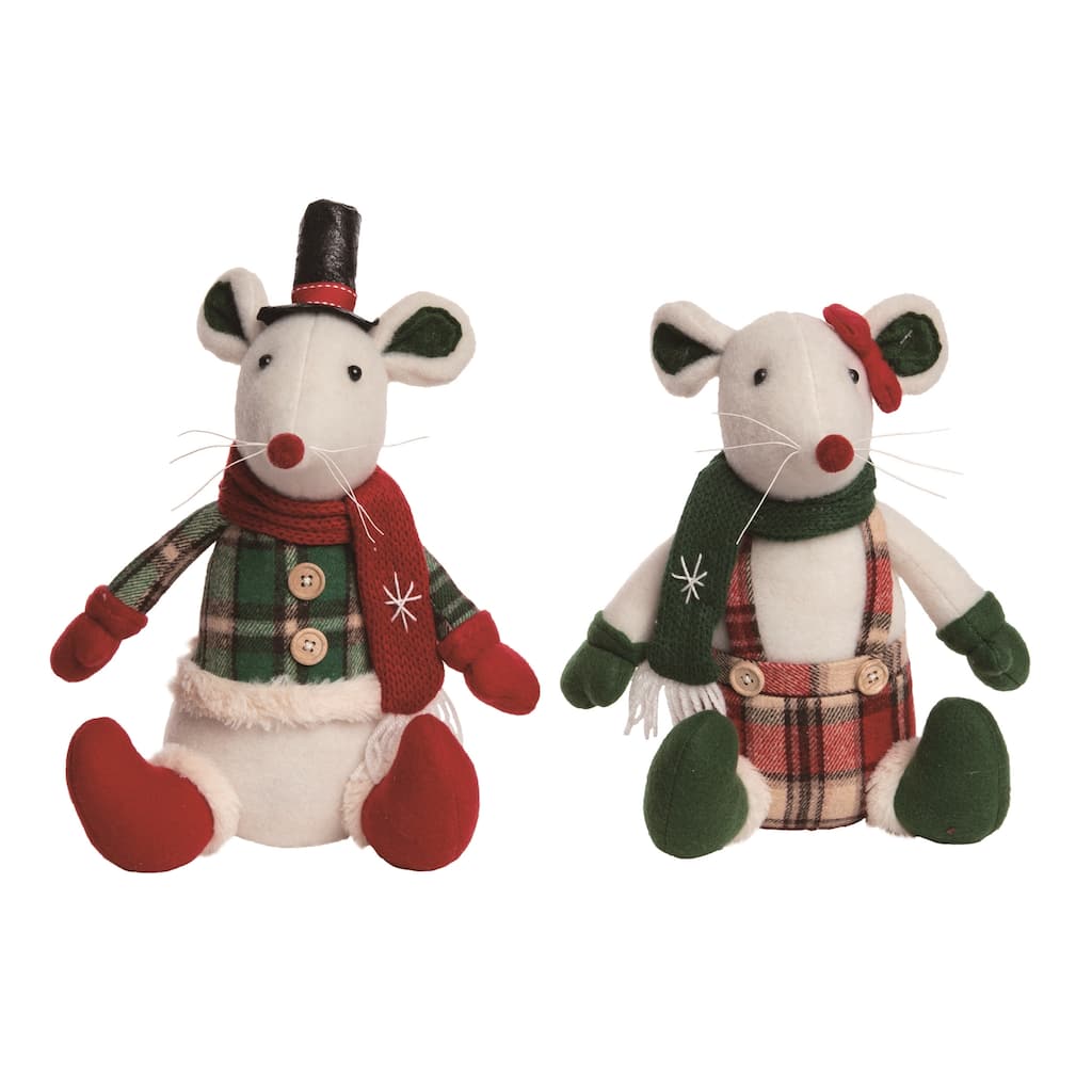 Transpac Plush Plaid Mouse Sitter Set of 2 Christmas Home Decorations