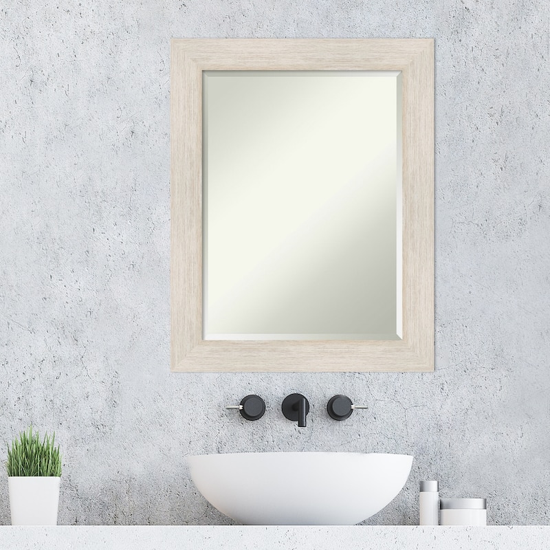 Beveled Wood Bathroom Wall Mirror - Hardwood Whitewash Frame - Hardwood White Wash