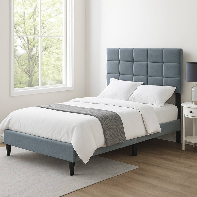 Lilian Full Bed, Tufted Gray Linen Upholstery, Biscuit Tufted Stitch