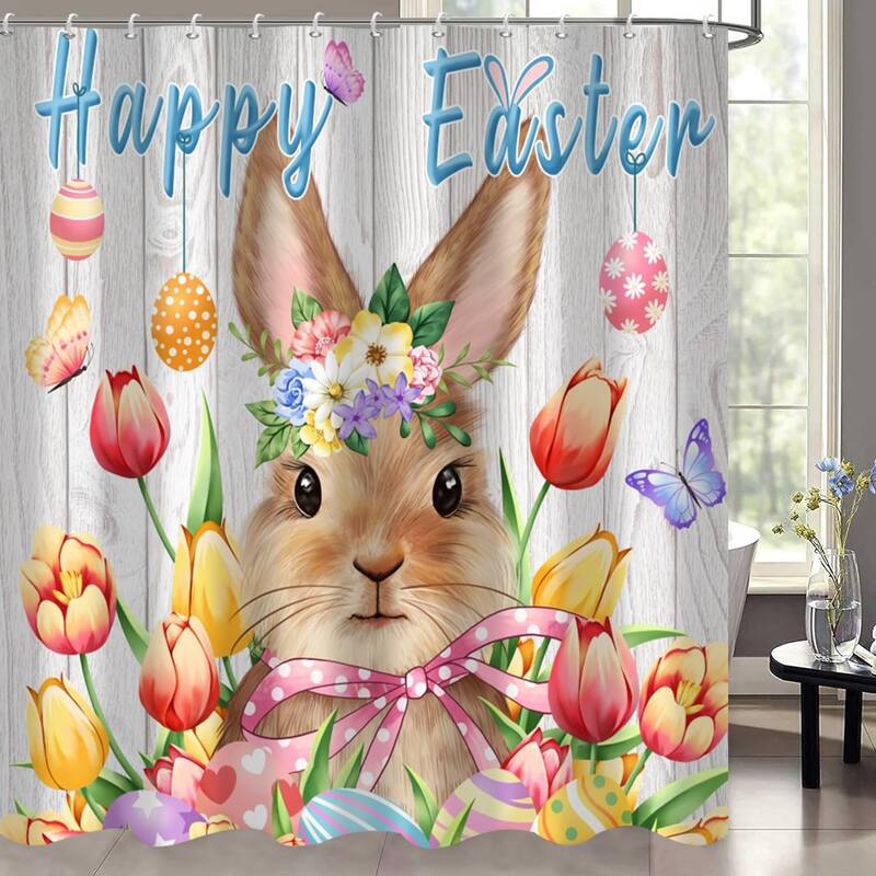 Happy Easter Funny Rabbit Bunny Bathroom Curtains Set, 72" x 72"