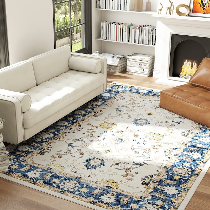 HOMCOM Area Rug 8x10, Machine Washable Rug, Non-Slip Boho Floral Print Floor Cover Foldable Carpet for Living Room