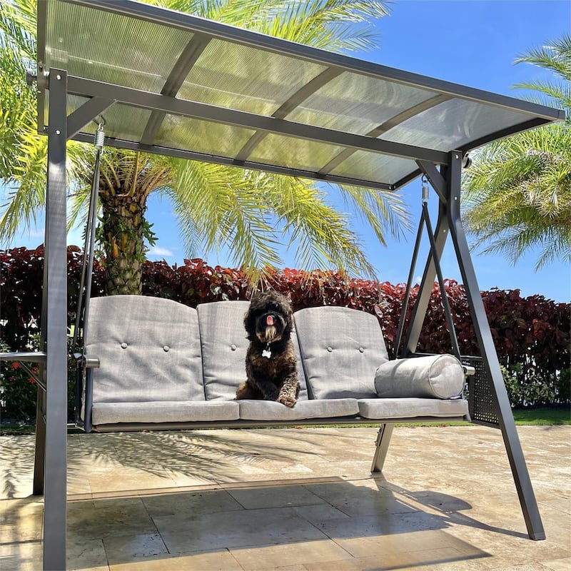 PURPLE LEAF 3-seat Outdoor Porch Swing with Adjustable PVC Canopy - 70.86"(H) X 76.77"(W) X 47.24"(D)