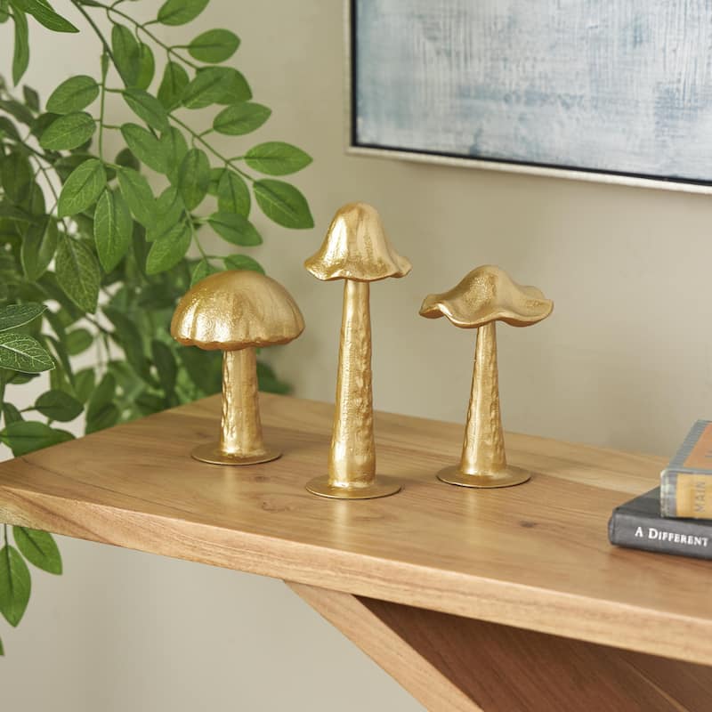 Metal Mushroom Metallic Sculpture with Round Base - Set of 3 Gold - Roche River Decor