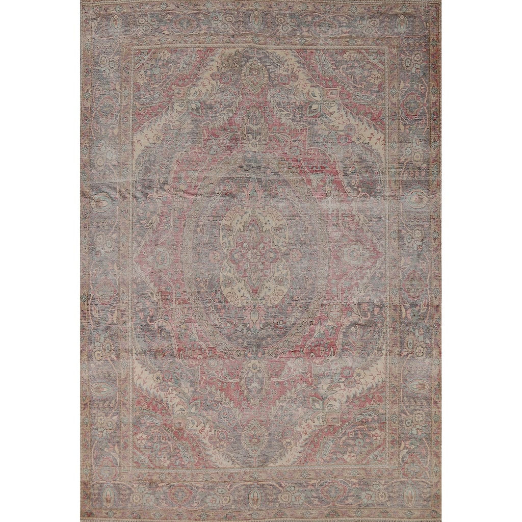 Tabriz Persian Vintage Area Rug Hand-Knotted Medallion Wool Carpet - 6'9" x 9'3"