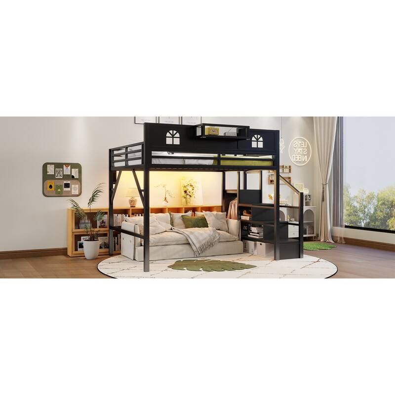 Roomfitters Full/Queen Metal Loft Platform Bed, Staircase Wardrobe and LED Charging Station with House Guardrails for Bedrooms